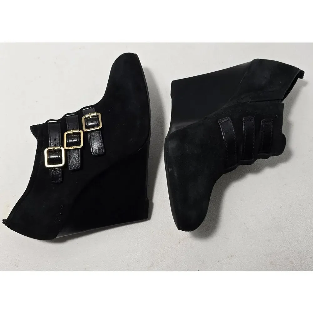 Tory Burch Womens Gabrielle Black Suede Wedge Ankle Boots Buckles 9 M